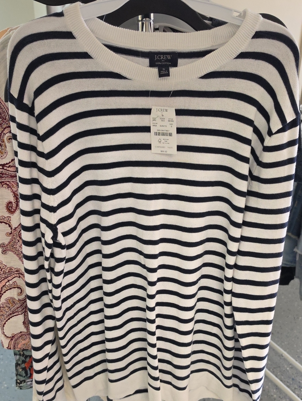 J. Crew Black and White Striped Cotton Crewneck Sweater